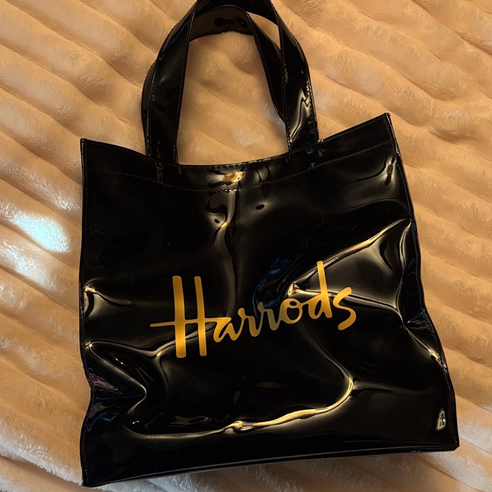 Harrods Black Patent Tote with Gold Logo